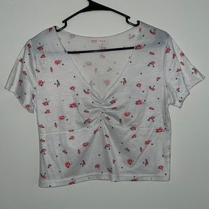 💖Bundle It!💖 White Short Sleeve Shirt with Pink Flowers and Ruched Front